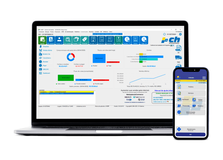 Sistema de gestão CHERP em um notebook e celular, exibindo dashboard financeiro e comercial